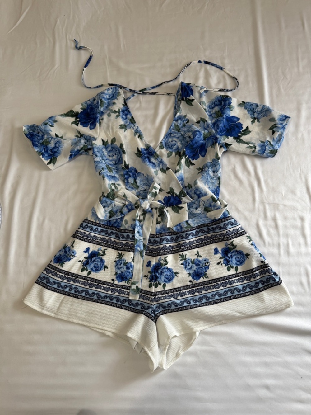 Blue & White Floral V-neck Romper with Belt and Tie Back